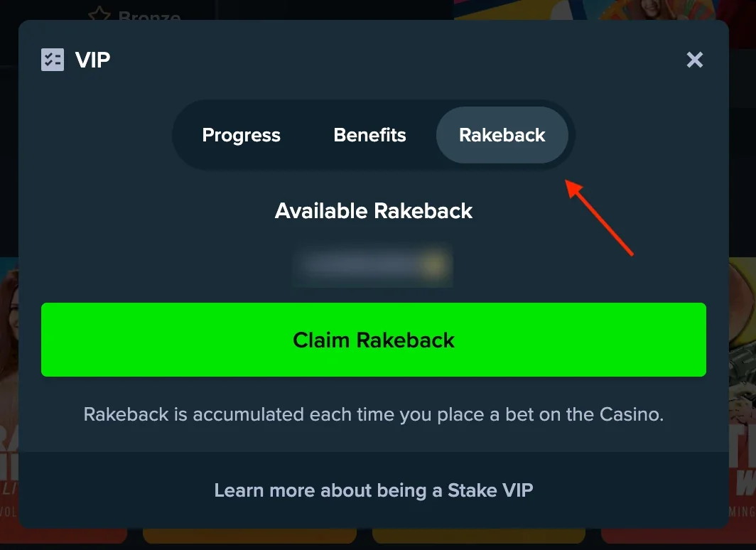 Stake VIP panel with Progress, Benefits and Rakeback tabs.