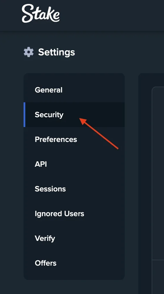 Stake settings sidebar showing Security selected.