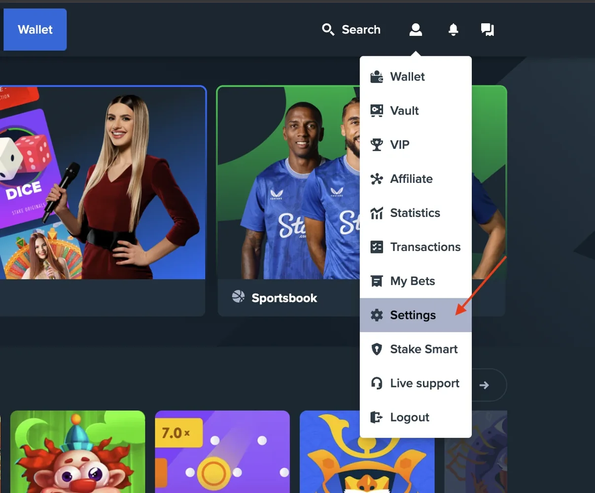 Stake account menu with Settings highlighted.